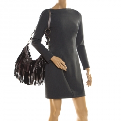 Pre Owned Saint Laurent Paris Metallic Grey Leather Fringed Boheme Shuolder Bag