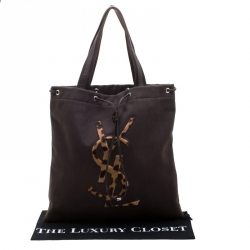 Pre Owned Saint Laurent Paris Brown Canvas and Leather Drawsting Kahala Tote 