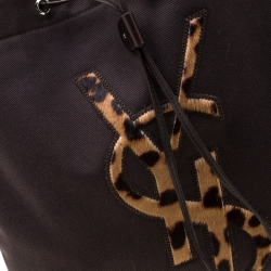 Pre Owned Saint Laurent Paris Brown Canvas and Leather Drawsting Kahala Tote 