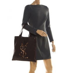 Pre Owned Saint Laurent Paris Brown Canvas and Leather Drawsting Kahala Tote 