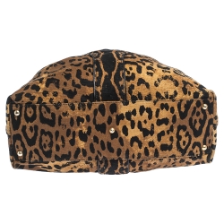 Pre Owned Saint Laurent Paris Brown/Black Leopard Print Canvas and Leather Drawstring Tote