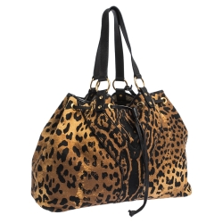 Pre Owned Saint Laurent Paris Brown/Black Leopard Print Canvas and Leather Drawstring Tote