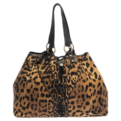 Pre Owned Saint Laurent Paris Brown/Black Leopard Print Canvas and Leather Drawstring Tote