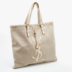 Yves Saint Laurent Beige/Gold Canvas and Leather Drawstring Shopper Tote