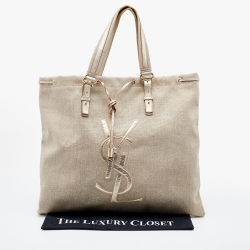 Yves Saint Laurent Beige/Gold Canvas and Leather Drawstring Shopper Tote