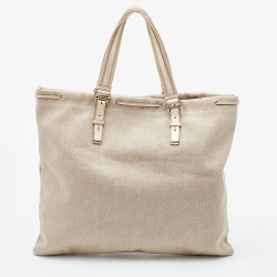 Yves Saint Laurent Beige/Gold Canvas and Leather Drawstring Shopper Tote