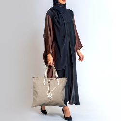Yves Saint Laurent Beige/Gold Canvas and Leather Drawstring Shopper Tote