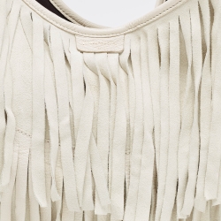Pre Owned Yves Saint Laurent White Suede and Leather Fringe Mombasa Hobo