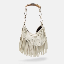 Pre Owned Yves Saint Laurent White Suede and Leather Fringe Mombasa Hobo