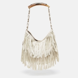 Pre Owned Yves Saint Laurent White Suede and Leather Fringe Mombasa Hobo
