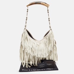 Pre Owned Yves Saint Laurent White Suede and Leather Fringe Mombasa Hobo