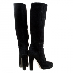 مملوكة مسبقًا حذاء بوت سان لوران نعل سميك طول ركبة كعب عريض سويدي أسود مقاس 40