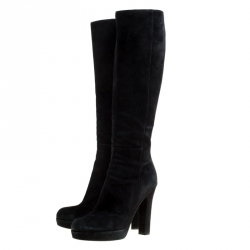 مملوكة مسبقًا حذاء بوت سان لوران نعل سميك طول ركبة كعب عريض سويدي أسود مقاس 40