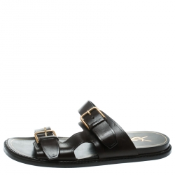 Pre Owned Saint Laurent Paris Brown Leather Buckle Detail Slides Size 40