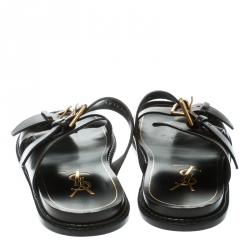 Pre Owned Saint Laurent Paris Brown Leather Buckle Detail Slides Size 40