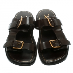 Pre Owned Saint Laurent Paris Brown Leather Buckle Detail Slides Size 40