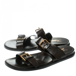 Pre Owned Saint Laurent Paris Brown Leather Buckle Detail Slides Size 40