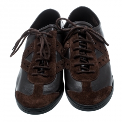 Pre Owned حذاء رياضي سان لوران باريس أربطة جلد وسويدي بني مقاس 41
