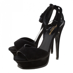 Pre Owned صندل سان لوران باريس نعل سميك سير كاحل سويدي أسود مقاس 36