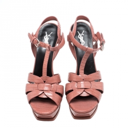 Pre Owned صندل سان لوران باريس نعل سميك تريبيوت جلد نقش سحلية وردي مقاس 38