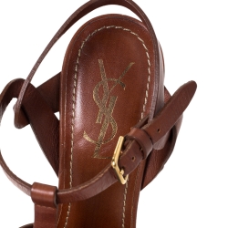 Pre Owned Saint Laurent Paris Brown Leather Tribute Platform Sandals Size 37