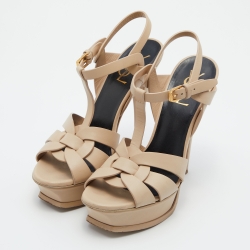 مملوكة مسبقًا صندل سان لوران تربيوت سويدي أصفر مستردة بحزام للكاحل نعل سميك مقاس 37.5