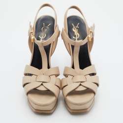 مملوكة مسبقًا صندل سان لوران تربيوت سويدي أصفر مستردة بحزام للكاحل نعل سميك مقاس 37.5