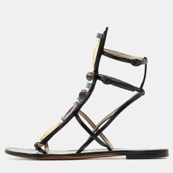Pre Owned Yves Saint Laurent Black Patent Leather Embellished T-Bar Flat Sandals Size 39.5