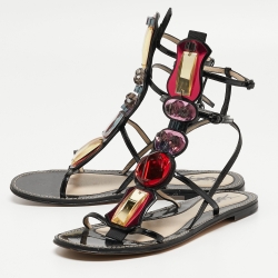 Pre Owned Yves Saint Laurent Black Patent Leather Embellished T-Bar Flat Sandals Size 39.5
