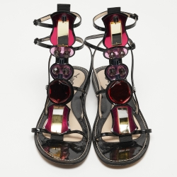Pre Owned Yves Saint Laurent Black Patent Leather Embellished T-Bar Flat Sandals Size 39.5