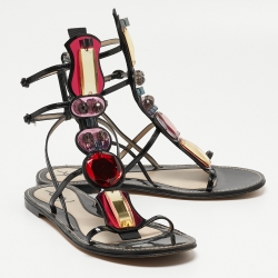 Pre Owned Yves Saint Laurent Black Patent Leather Embellished T-Bar Flat Sandals Size 39.5