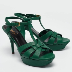 Pre Owned Yves Saint Laurent Green Leather Tribute Sandals Size 40
