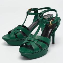 Pre Owned Yves Saint Laurent Green Leather Tribute Sandals Size 40