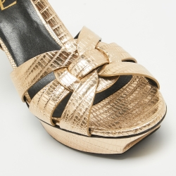 Pre Owned Yves Saint Laurent Metallic Gold  Lizard Embossed Leather Tribute Sandals Size 40