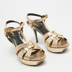 Pre Owned Yves Saint Laurent Metallic Gold  Lizard Embossed Leather Tribute Sandals Size 40