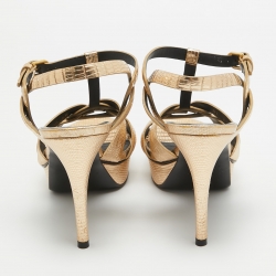 Pre Owned Yves Saint Laurent Metallic Gold  Lizard Embossed Leather Tribute Sandals Size 40