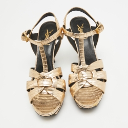 Pre Owned Yves Saint Laurent Metallic Gold  Lizard Embossed Leather Tribute Sandals Size 40