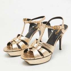 Pre Owned Yves Saint Laurent Metallic Gold  Lizard Embossed Leather Tribute Sandals Size 40