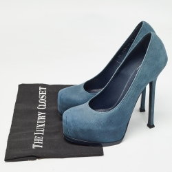 Pre Owned Yves Saint Laurent Blue Textured Nubuck Tribtoo Pumps Size 38