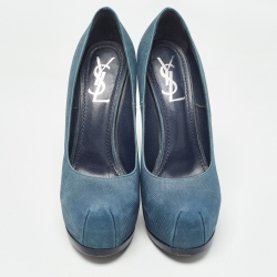 Pre Owned Yves Saint Laurent Blue Textured Nubuck Tribtoo Pumps Size 38