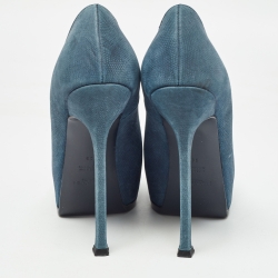 Pre Owned Yves Saint Laurent Blue Textured Nubuck Tribtoo Pumps Size 38
