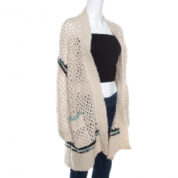 Zadig and Voltaire Cream Crochet Knit Merino Wool Open Front Pix Hook Cardigan M