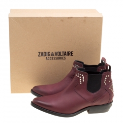 Pre Owned حذاء بوت كاحل زادك آند فولتير  مقدمة مدببة مرصع جلد عنابي مقاس 37