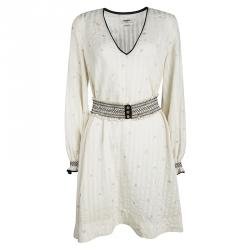 Zadig and Voltaire Deluxe Cream Silk Star and Lighting Print Belted Dress M