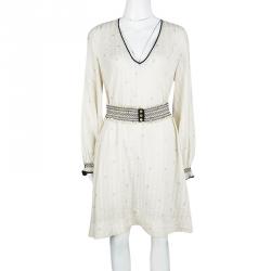 Zadig and Voltaire Deluxe Cream Silk Star and Lighting Print Belted Dress M