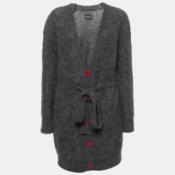 Grey Mohair Belted Button Front Cardigan