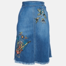 Blue Embroidered Denim Knee Length Skirt