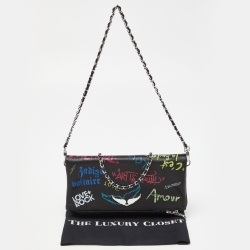 Pre Owned Zadig & Voltaire Black Printed Leather Rock Foldover Clutch Bag