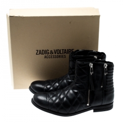 Pre Owned Zadig and Voltaire Black Quilted Leather Presets Biker Ankle Boots Size 39