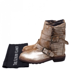 Zadig and Voltaire Gold/Bronze Metallic Faded Effect Leather and Python Embossed Buckle Ankle Boots Size 38